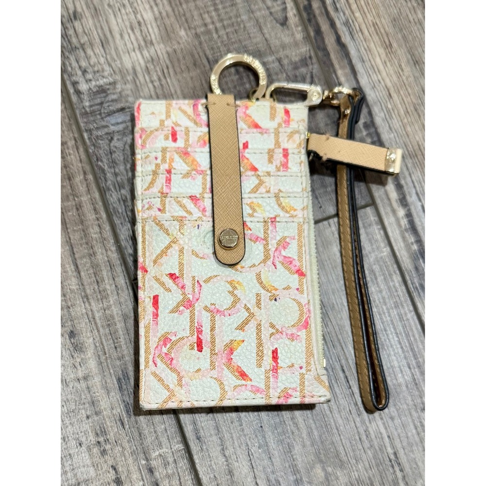 Calvin Klein Monogram Logo Card Holder Zip Wallet with Wristlet Strap White Pink
